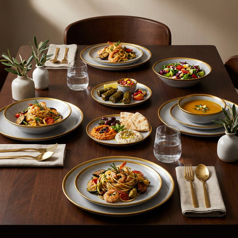 Service de table en porcelaine grise et dorée Celestial (service de 8 pièces pour 2 personnes)