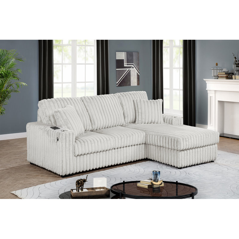 Canapé modulaire en velours côtelé moelleux avec méridienne réversible, Velours côtelé beige