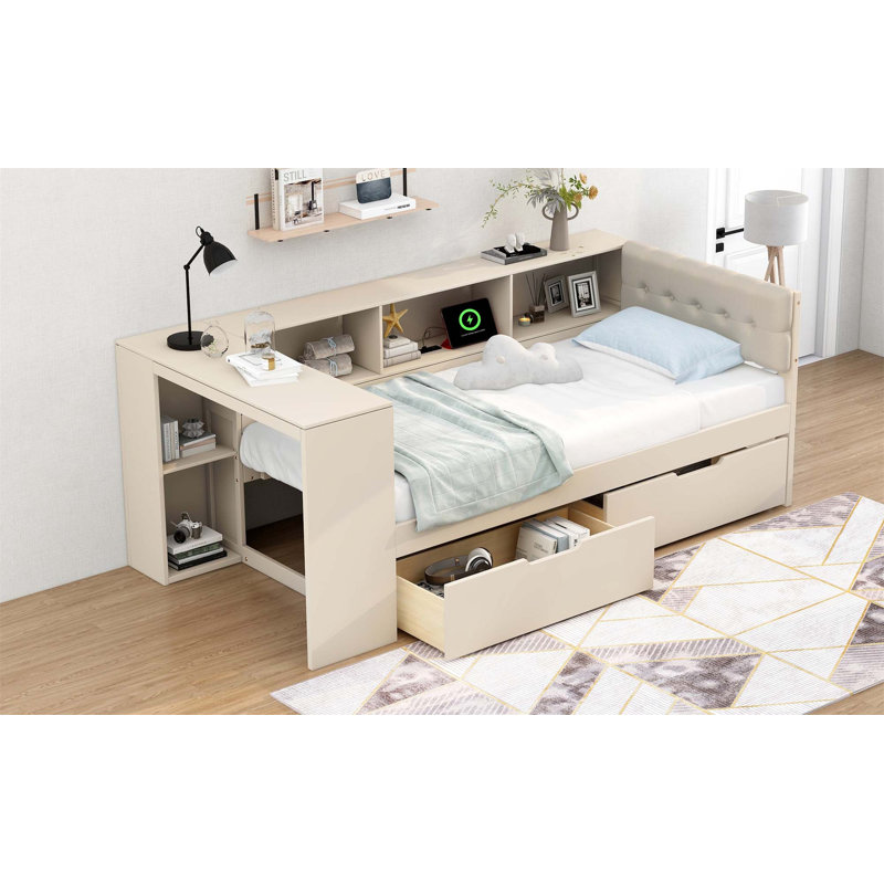 Lit plateforme simple en bois avec tablettes de rangement, tiroirs, station de charge et tête de lit tapissier, Lit simple