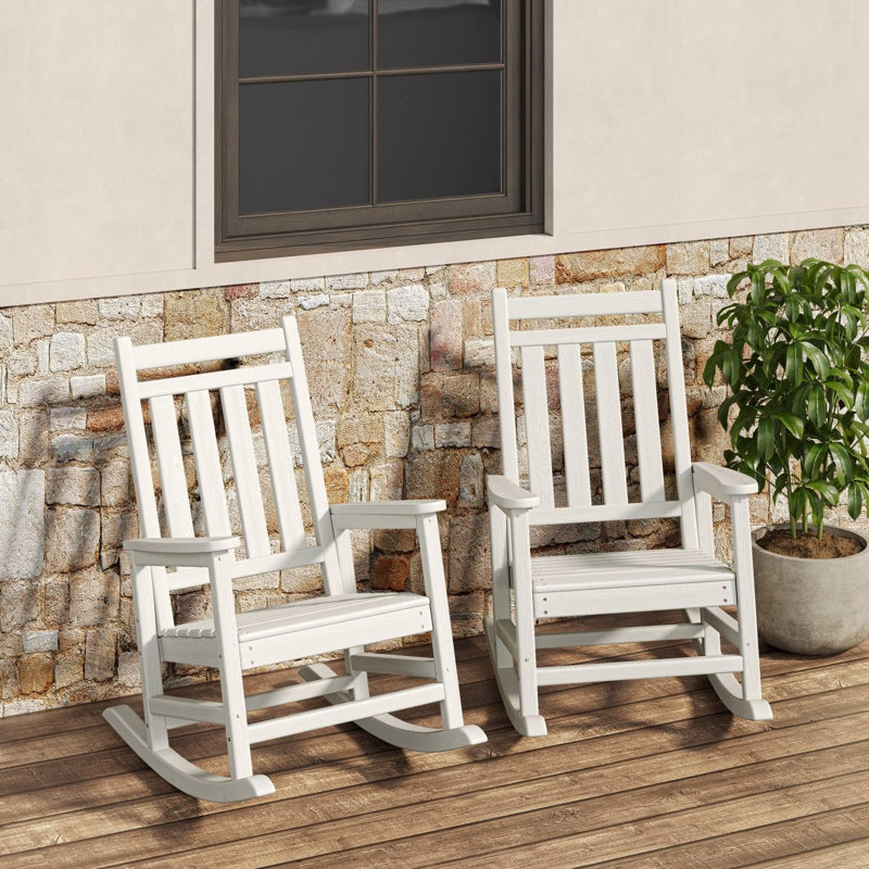 HDPE Rocking Chair Outdoor- Poly High Back Porch Rocker Chairs, All Weather Resistant Furniture, White