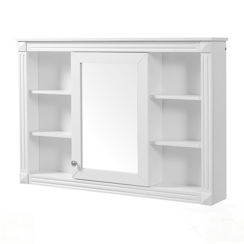Armoire de rangement murale avec miroir, design moderne, 6 tablettes ouvertes, parfaite pour organiser et économiser de l'espace