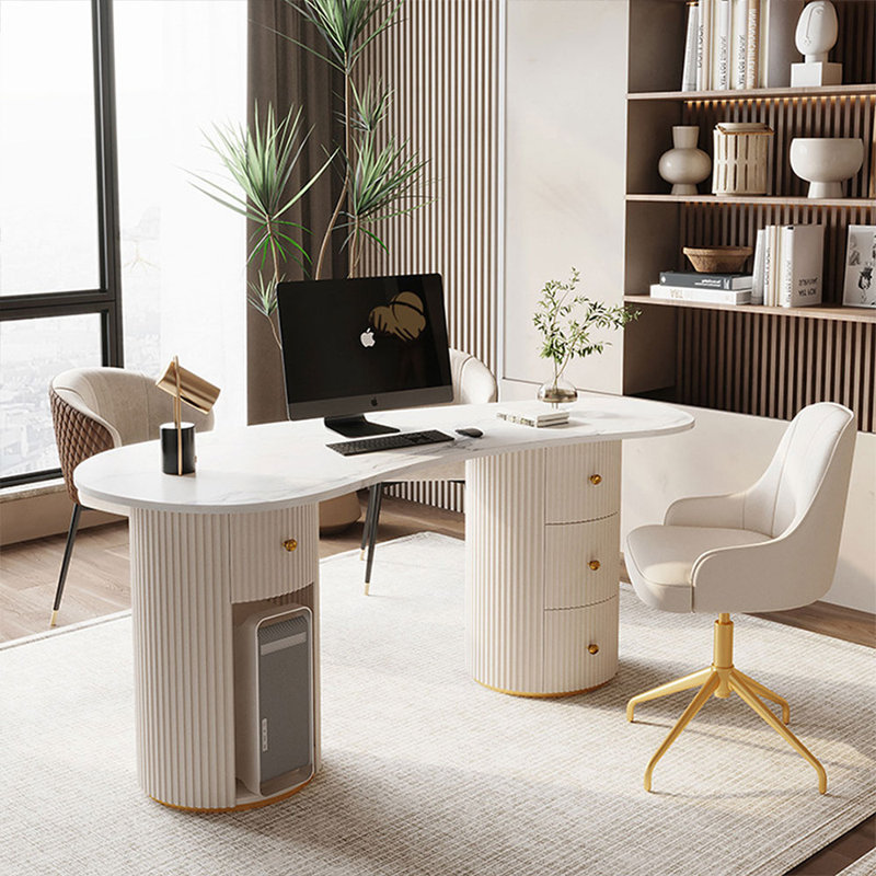 White Free Form Stone+Solid + Manufactured Wood+Leather with 4 drawers desk, 29.53" H x 62.99" W x 27.56" D