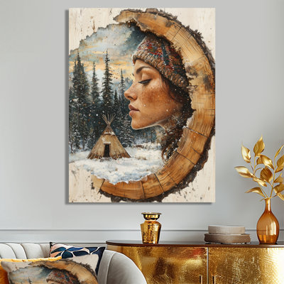 Amérindienne dans un paysage de glissade en bois hivernal IV - Décoration murale en métal femme amérindienne