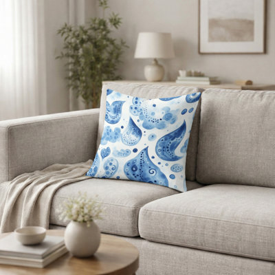 Coussin Boho - Coussin contemporain à imprimé cachemire bleu et blanc Boho