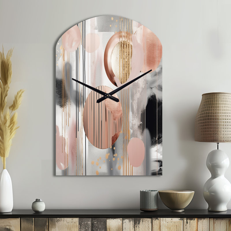 «Pink Stripes And Lines Modern Art II - Transitional Shapes», horloge murale asymétrique, Médium