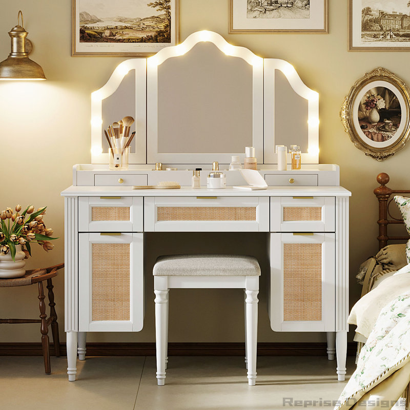 Chic coiffeuse de 44,37 pouces avec 13 ampoules Hollywood, 3 modes d'éclairage et beaucoup de rangement pour les chambres modernes