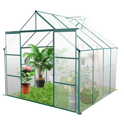 8X8 Ft Polycarbonate Greenhouse, All Season, With Galvanized Base And Two-Sliding Door For Outdoor Double Base, Ideal Planting Year