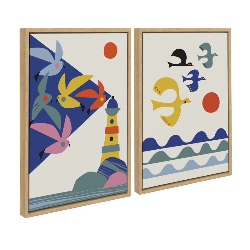 Ensemble d'art mural sur toile, "Phare et oiseaux" par Rachel Lee