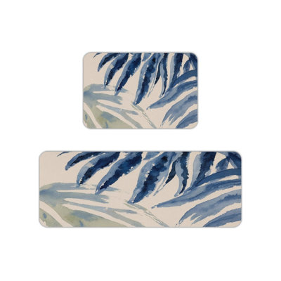 Tapis de cuisine bleu et blanc à motif de palmier aquarelle, 2 tapis côtiers pour la cuisine et la salle de bain