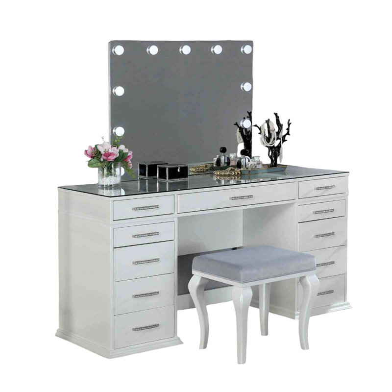 Glam Style Vanity Set With Padded Stool, 8Mm Glass Top, Storage Drawers, And LED Mirror For Luxurious Bedroom Decor