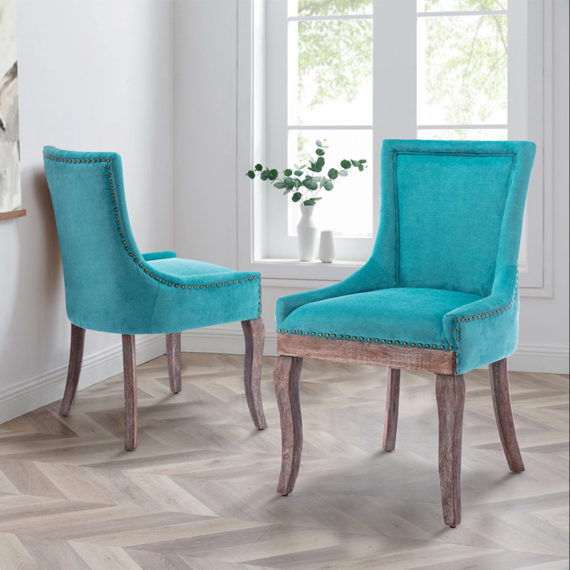 Bronze Nail Head Upholstered Side Dining Chair, Blue