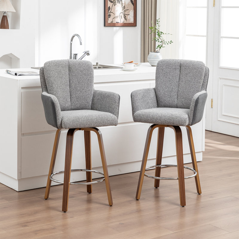 White Cozy Modern Swivel Upholstered Counter Stool With Bentwood Legs, Light Grey