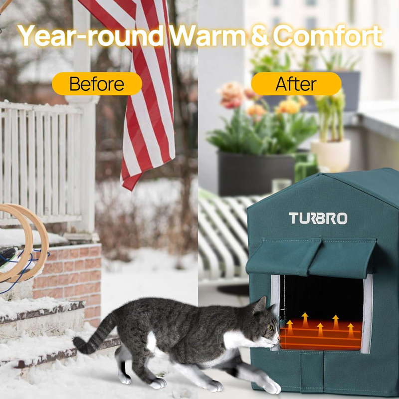 Blue Heated Insulated Weatherproof Cat House with Iron Frame