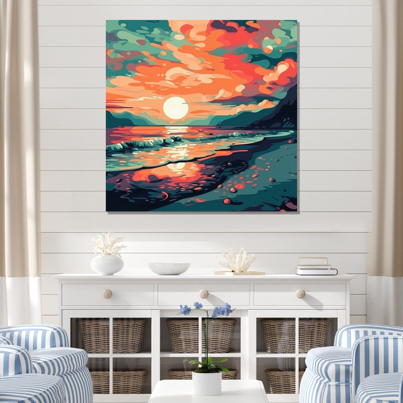 Coucher de soleil sur la plage, couleurs rétro expressives sur toile, H 16 po x l 16 po x P 1 po, Toile tendue
