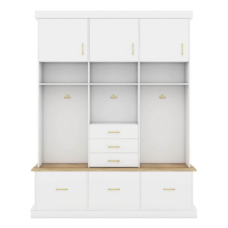 Hall Tree With Bench, 75" H Entryway Storage Organizer With Coat Hooks, 6 Drawers & 3 Cabinets And 3-Tier Top Storage, Mudroom Furniture