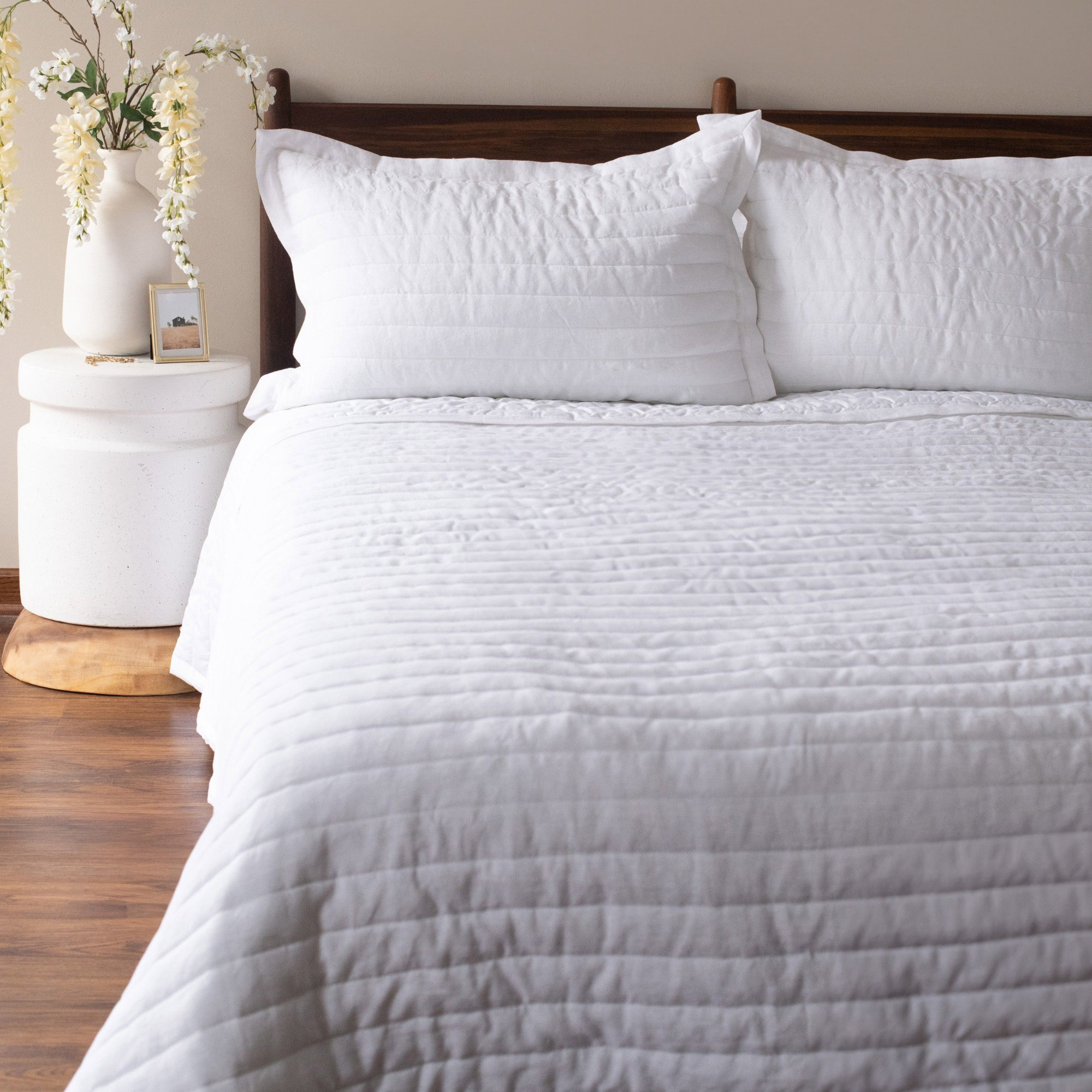 French Linen Channel Stitch Quilt & Sham Set - King/Cal King - Matcha, White, King Quilt + 2 King Shams
