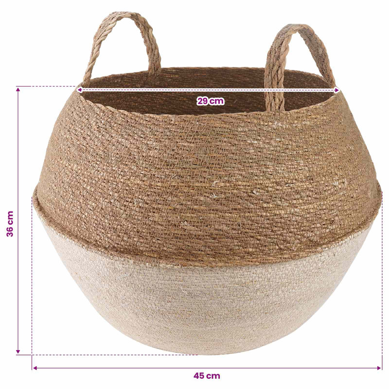 Plant Pot with Handles 100% Seagrass Woven Planter Cylindrical Holder, 36cm H x 45cm W x 45cm D, White, 1