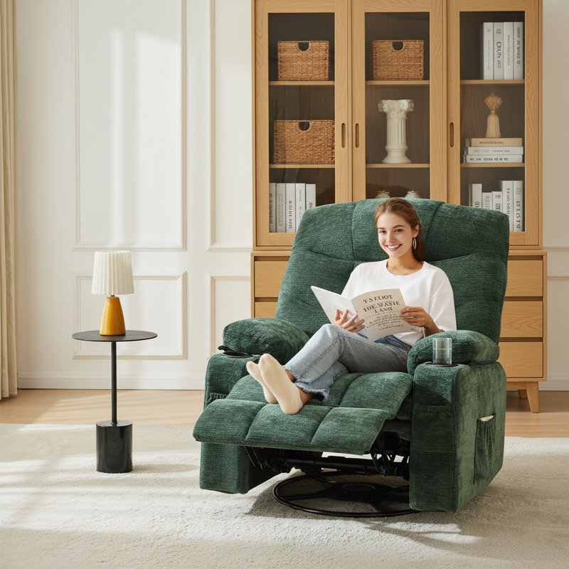 Fauteuil inclinable berçant pivotant à 360 °, siège inclinable simple manuel avec porte-gobelets, Mélange de polyester vert