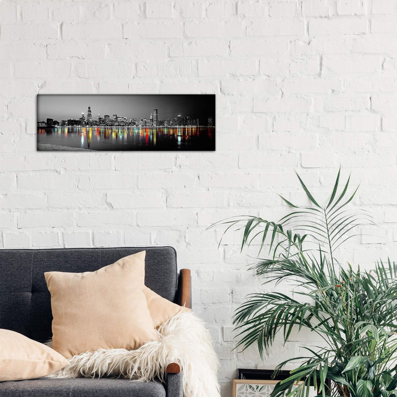 Skyline At Night With Color Pop Lake Michigan Reflection, Chicago, Cook County, Illinois, Usa by Panoramic Images - Wrapped Canvas Panoramic Print