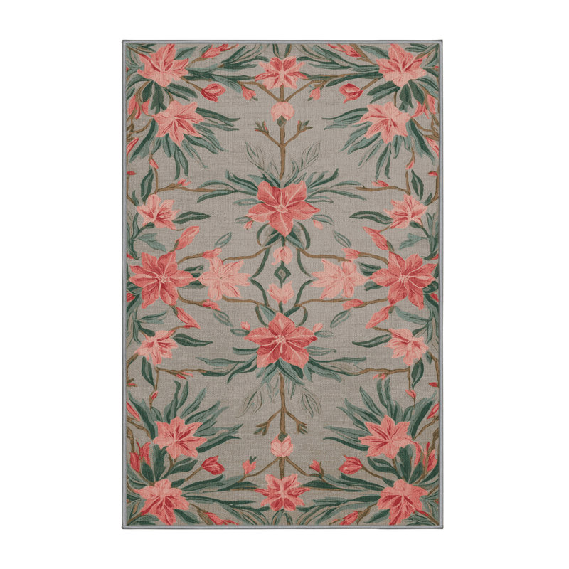 Tapis gris botanique lavable à la machine, Rectangle 6 pi x 9 pi