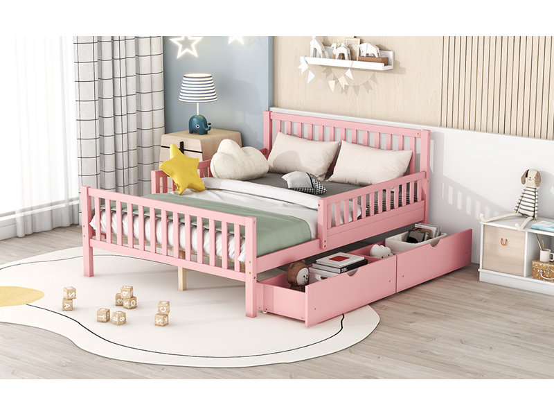 Classic Twin Platform with Pine Guardrails and Storage Drawers, Full, Pink