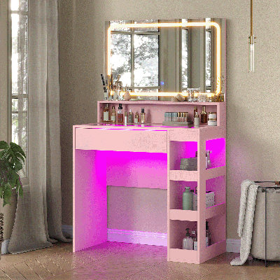 Vanity Desk with Illuminated Mirror & Power Outlet, Bedroom Dresser LED Mirror Stepless Dimmable & 3 Color Modes Adjustable, LED Tempered Glass Top, Large-Capacity Storage Shelving, Pink