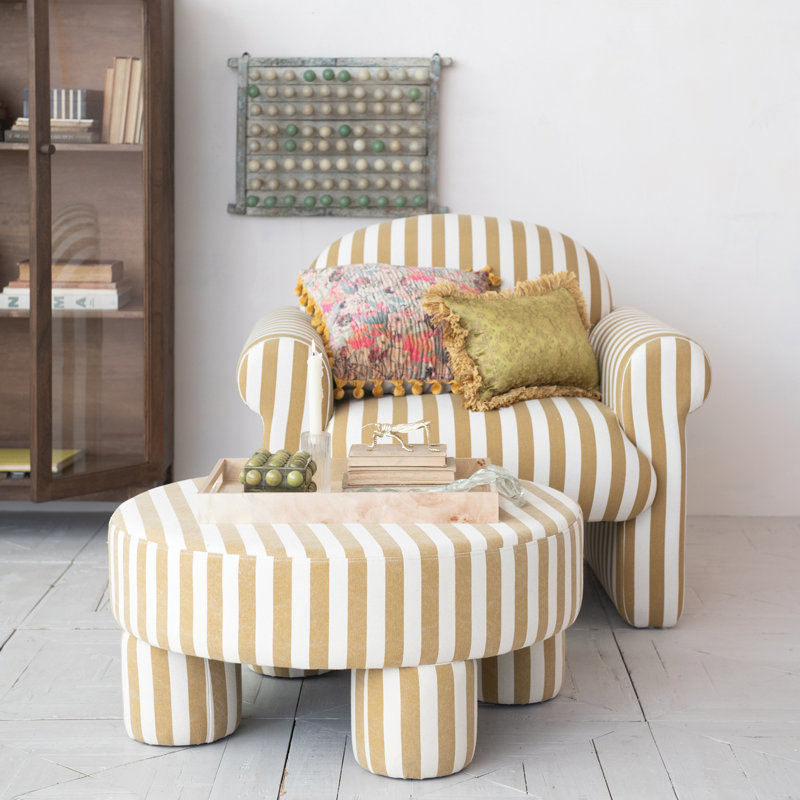 Round Fabric Upholstered Striped Table Ottoman