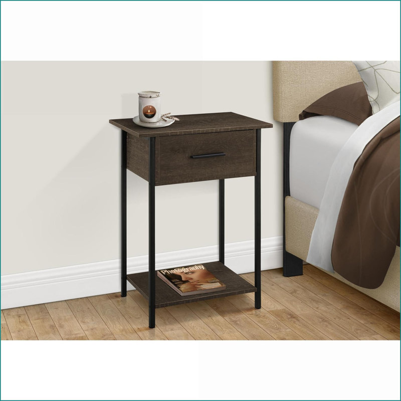Table basse contemporaine compacte en stratifié de chêne foncé Métal noir, 2 niveaux avec tiroir de rangement pour le salon