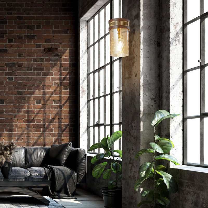 Latavious 6.5"W 1-Light Gold Pendant Light with Textured Glass Brown Mango Wood & Glass Shade