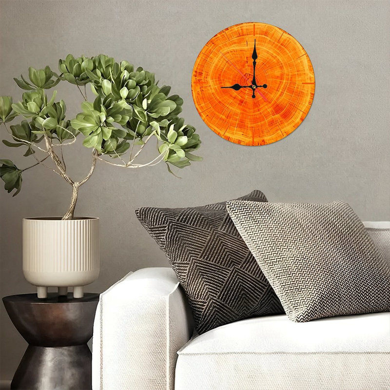 Horloge murale ronde en bois 10 po, mouvement à quartz silencieux, imprimé UV, à piles, Orange