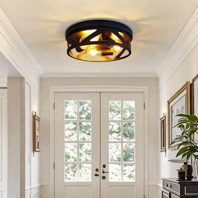 Industrial Flush Mount Ceiling Light - Matte Black Metal Ceiling Fixture For Porch & Kitchen (12.6in)