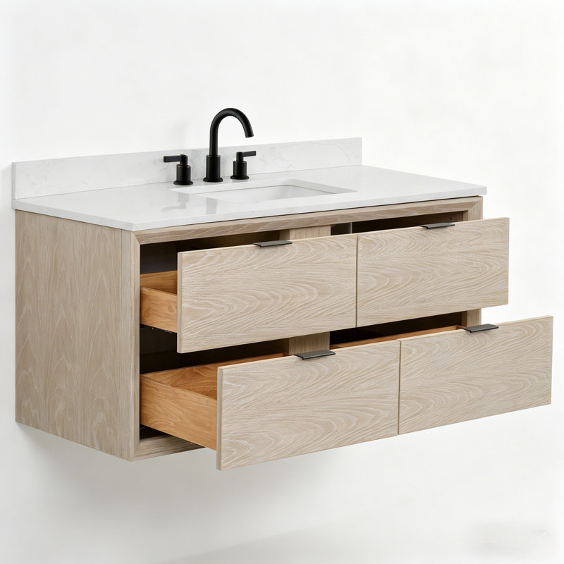48" Transitional Floating Single Sink Solid Wood Natural Oak Bath Vanity with Engineered Marble Top, White Washed Oak