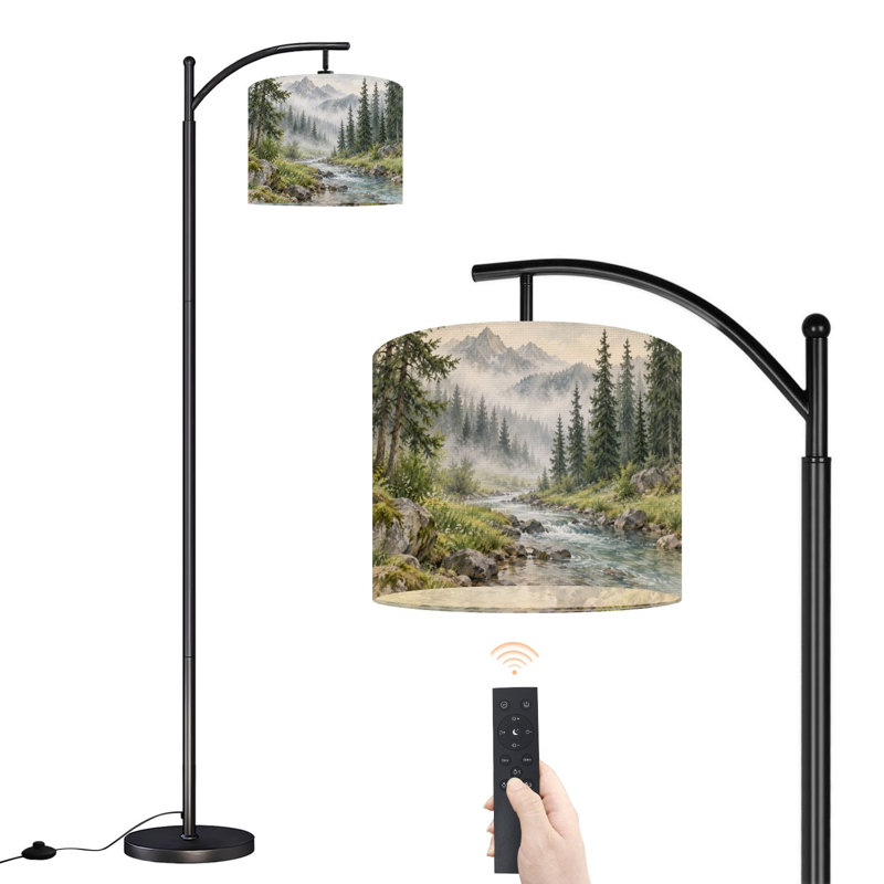 Lampe sur pied arquée avec abat-jour réglable, motif paysage de forêt de pins, 3 températures de couleur, intensité variable, lampe sur pied avec interrupteur au pied pour chambre à coucher