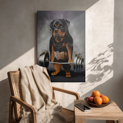 Playful “Weightlifting Rottweiler with Barbell” Gym Dog Canvas Wall Art Stretched Frame for Eclectic Studio