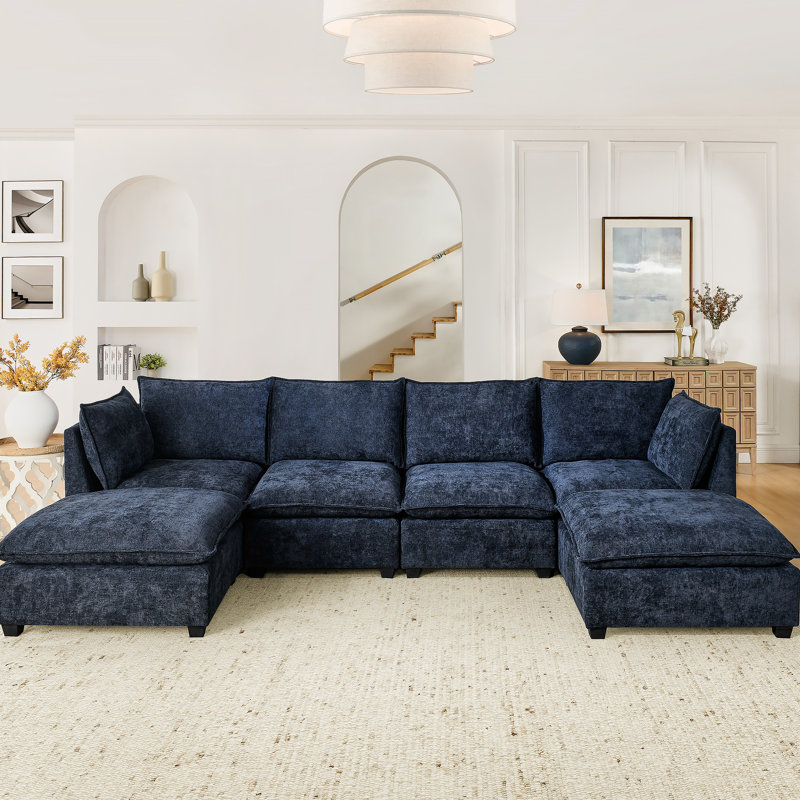 Canapé modulaire à 4 places avec 2 repose-pieds en chenille Comfy Cloud, Beige Chenille