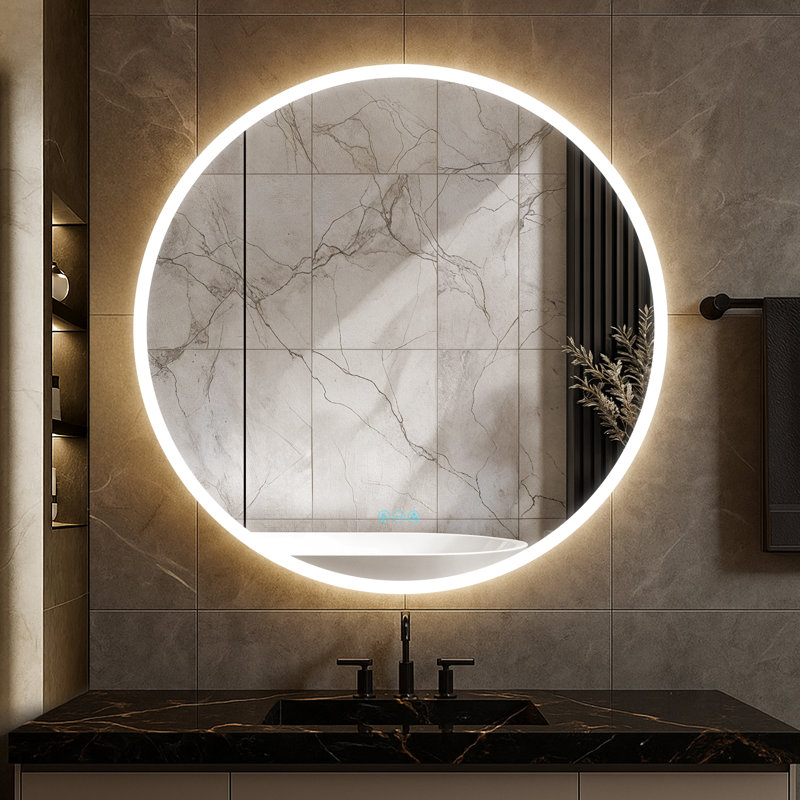 Pharmacie ronde 32 pouces à DEL avec miroir à luminosité réglable, désembueur, fermeture en douceur, tablettes de rangement, rangement en surface ou encastré pour salle de bain