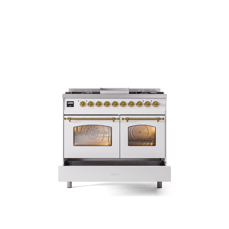 ILVE Nostalgie II Series 40 inch Dual Fuel Range with 6 Sealed Burners, Griddle (Glass Door), Liquid Propane, White/Brass