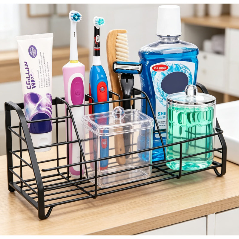 Ensemble de porte-brosse à dents de salle de bain avec distributeur à 2 pintes, porte-brosse à dents électrique à 7 fentes et porte-dentifrice avec plateau de drain amovible pour le rangement sur le comptoir et l'organisation du lavabo