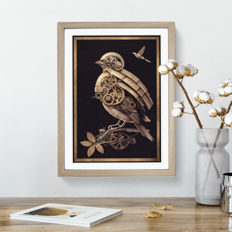 Steampunk Bird - Framed Print, 64cm H x 46cm W x 2cm D, Oak