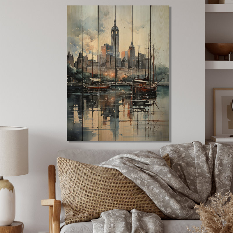 Impression sur bois, crépuscule sur le port de New York, H 40 po x l 30 po x P 0,78 po