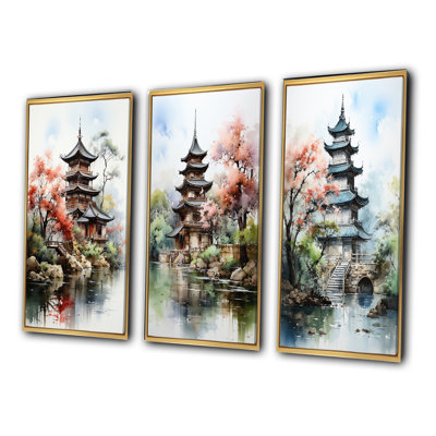 «Asian Art Serene Pagoda», 3 pièces sur toile