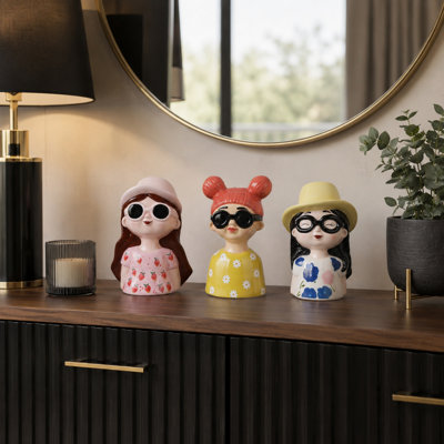 Figurine moderne en céramique fantaisiste à 3 figurines pour décoration intérieure - Ensemble décoratif de 3, 9 po, jaune et rose