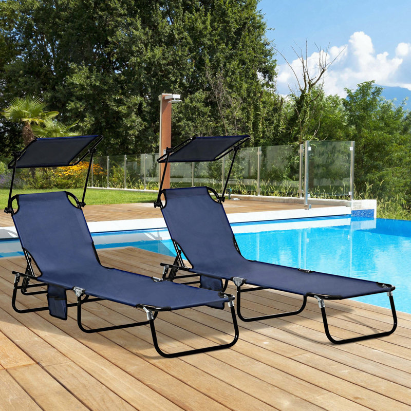 2-Piece Folding Chaise Lounge Set with Canopy Shade and 5-Level Reclining, Dark Blue