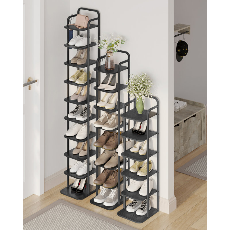 Vertical Shoe Rack, Shoe Shelves, Wood Shoe Organizer for Closet, Entryway, Shoe Tower for Small Spaces, Free Standing, Adjustable, with 2 Hooks, 6 Tier