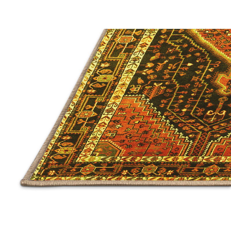 Tapis traditionnels jaunes lavables à la machine 1358, Rectangle 2 pi x 3 pi