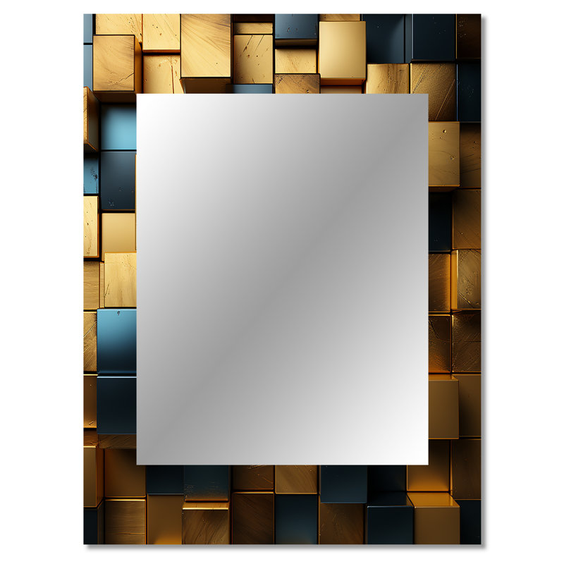 Grunge Gold Cubes Abstract Geometric II - Geometric Mirror, Modern Unique Wall Mirror, Printed Metal Art, 40" x 30"