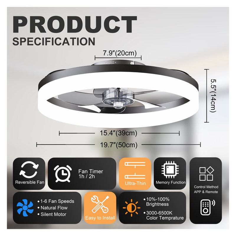 Ventilateur de plafond à DEL noir 19,7 po avec lumière, Fandelier sans lame à 6 vitesses avec télécommande et contrôle d'application, luminaire blanc neutre à intensité variable pour la chambre à coucher