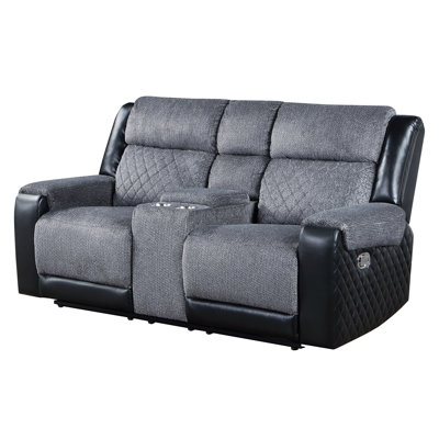 Causeuse inclinable transitionnelle avec console, tissu gris, mélange de tissu et de cuir, faux dossier au centre