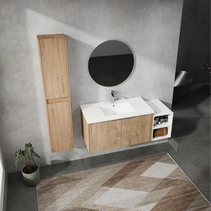 Meuble-lavabo de salle de bain avec lavabo et armoire latérale, système de porte, meuble-lavabo contemporain de 48 po et armoire, ambiance luxueuse
