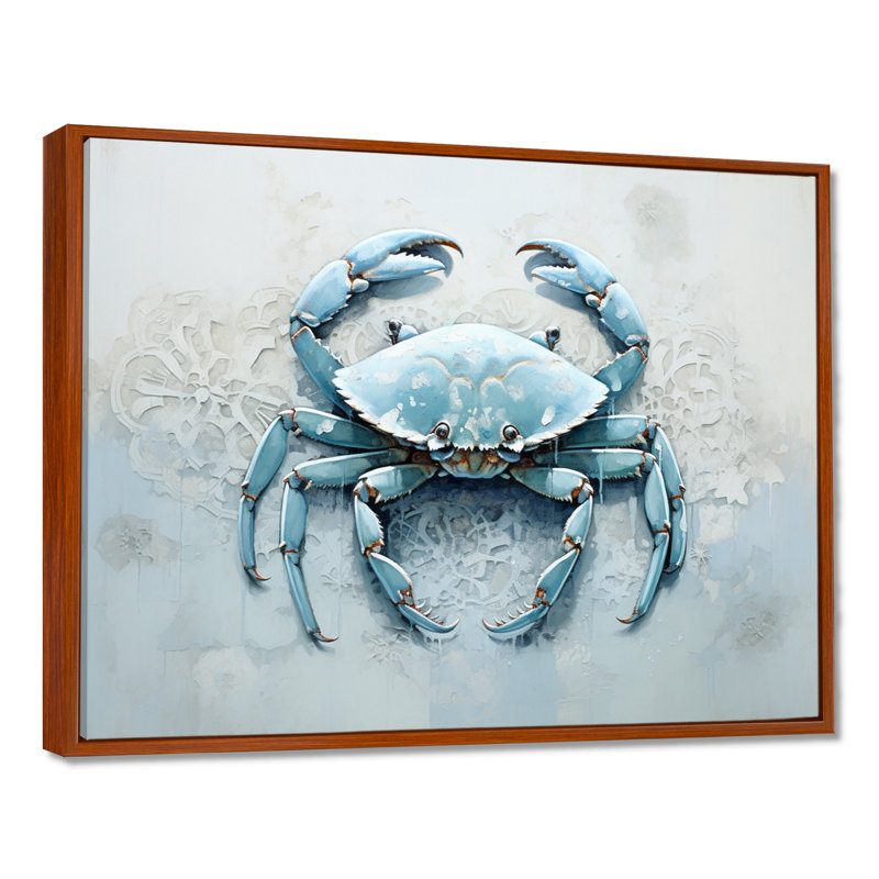 Minimalisme bleu crabe impression I - impression sur toile crabe, H 16 po x l 32 po x P 1 po, Cadre flottant brun